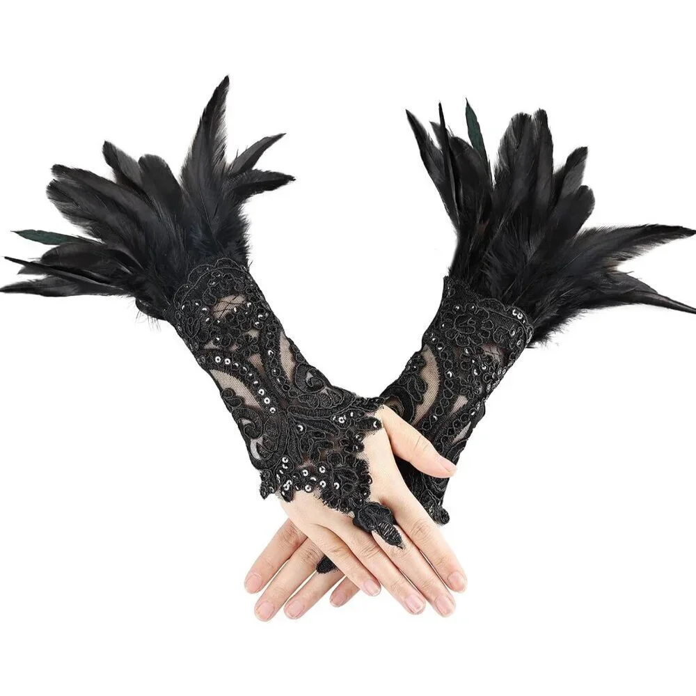 Women's Lace Feather Long Gloves Gothic Costume Accessories for Party